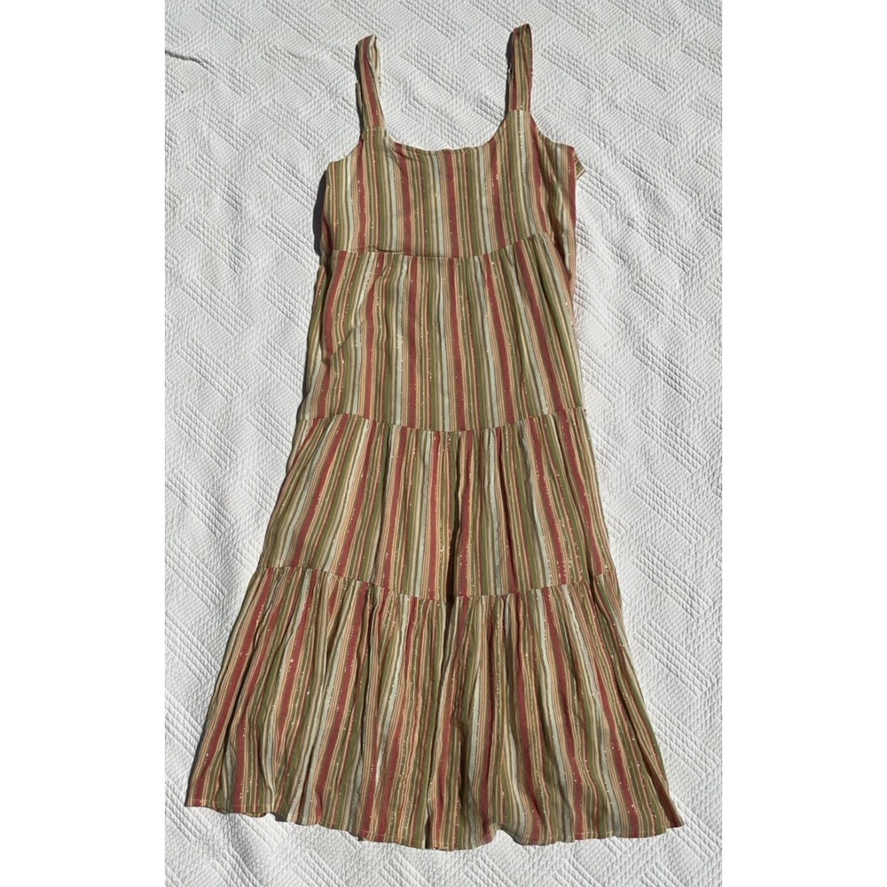 Linda Anderson Women's Large Maxi Dress Tiered Striped Pink Green Shimmer NWT